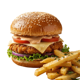 Chicken Burger with cheese and fries